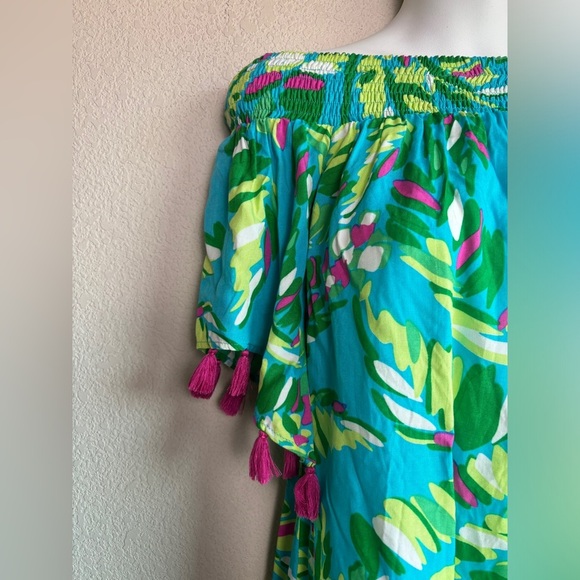 NWT Escapada Living Multi Tropical Tasseled Off The Shoulder Kaftan Dress XS - Picture 2 of 8